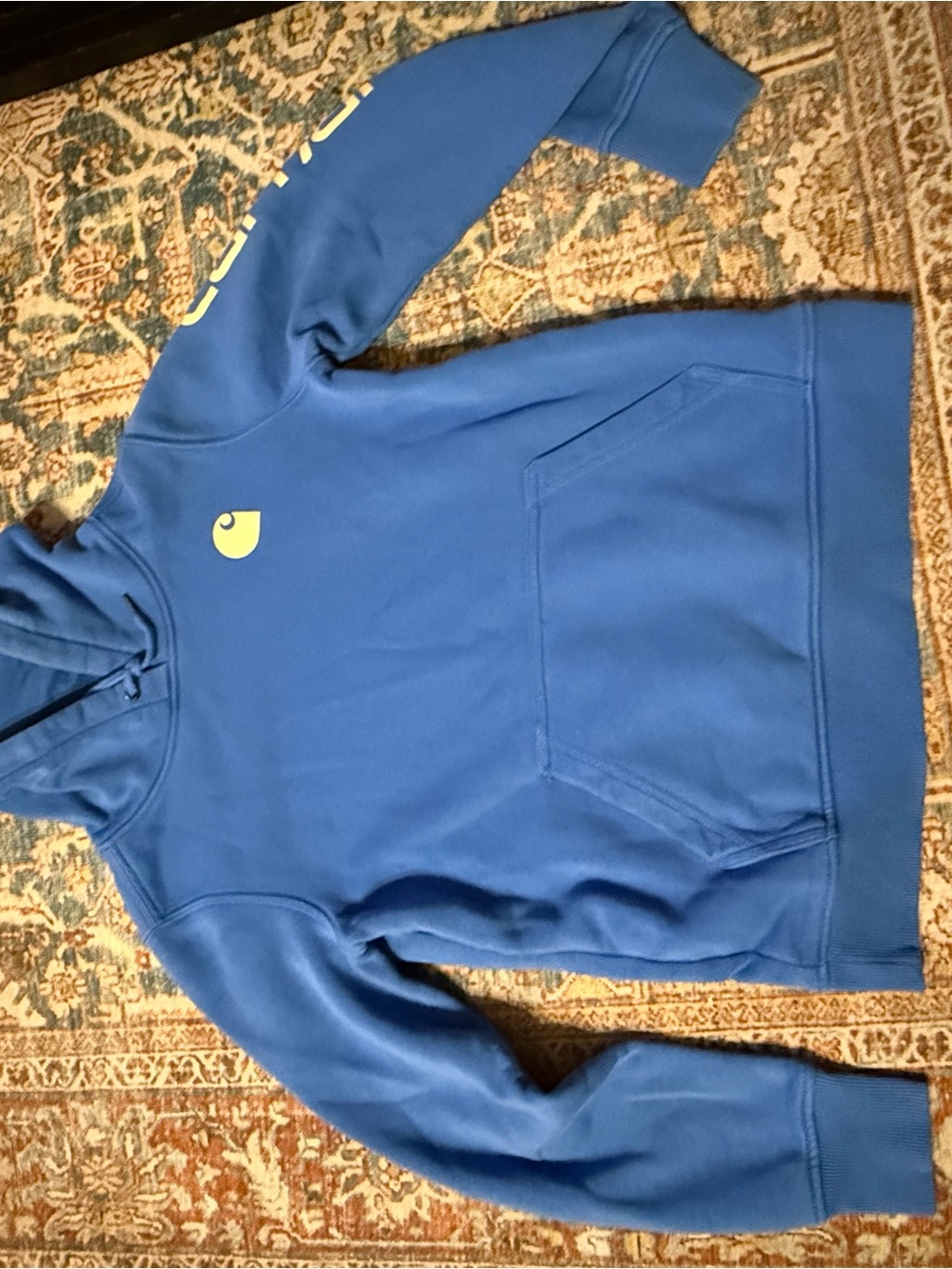 Carhartt Blue Men's Crewneck Hoodie with Yellow Logo